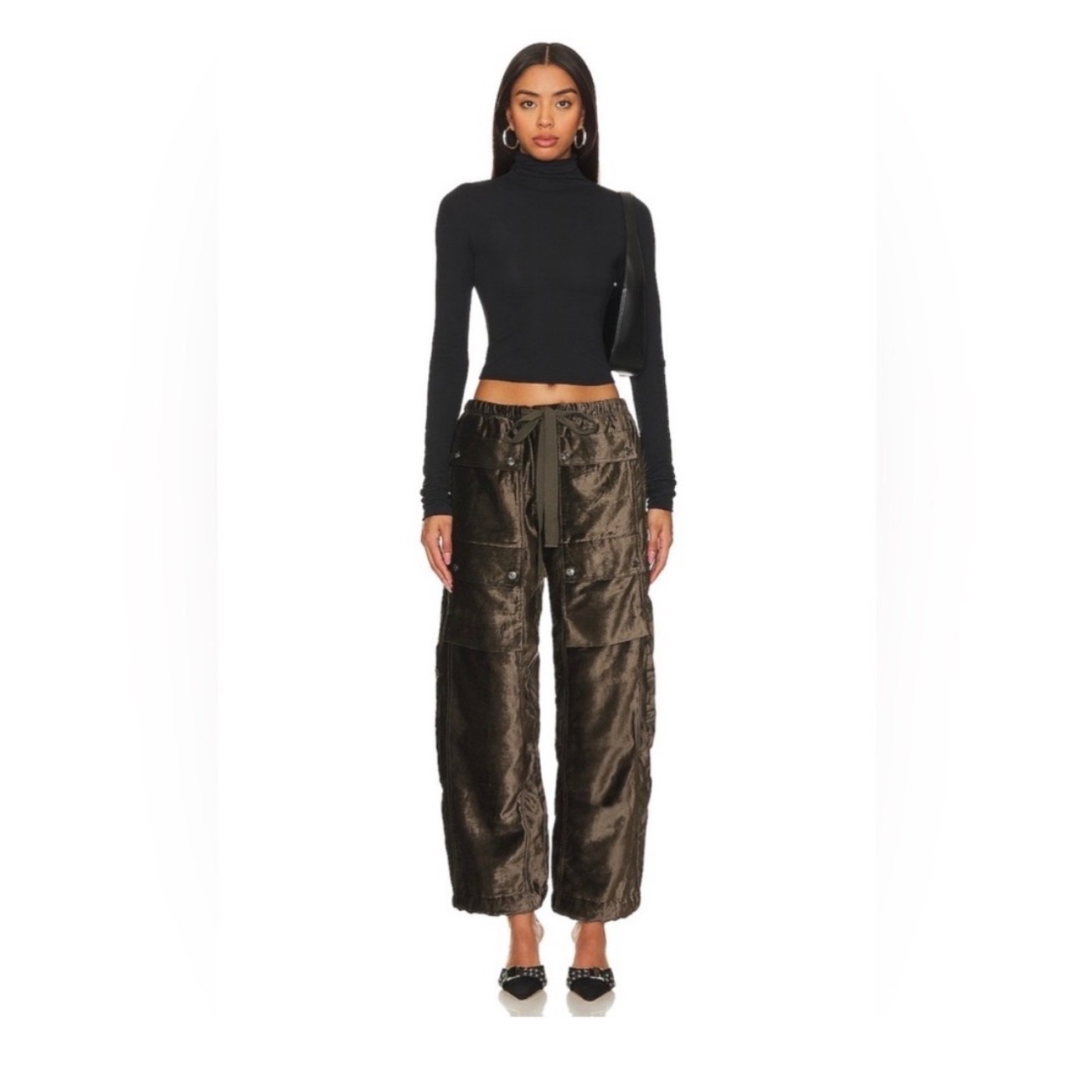 Free People Skip A Beat Cargo Utility Pants S Olive Velvet Wide Leg Euc